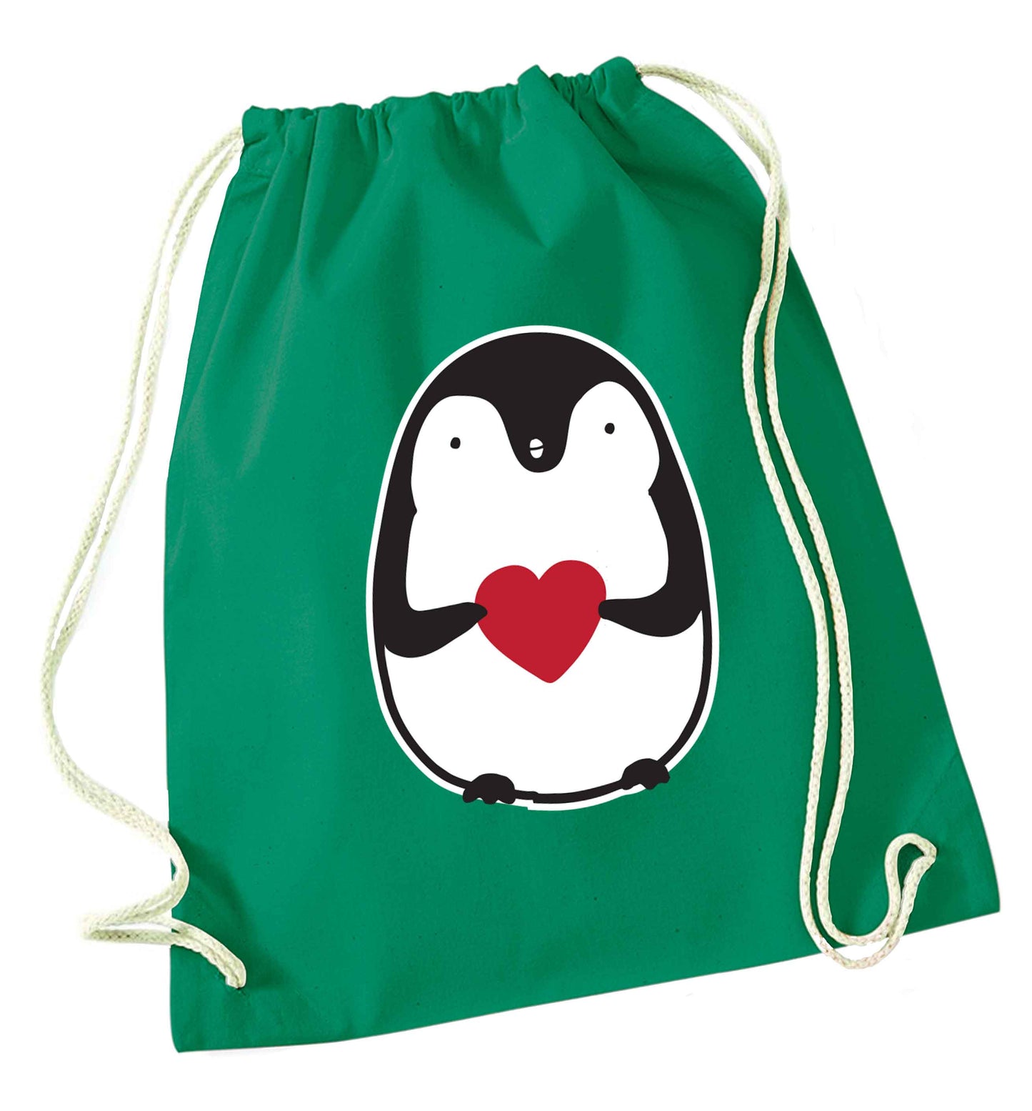 Cute penguin heart green drawstring bag