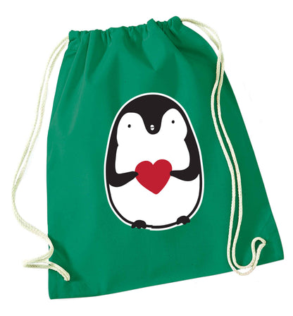 Cute penguin heart green drawstring bag