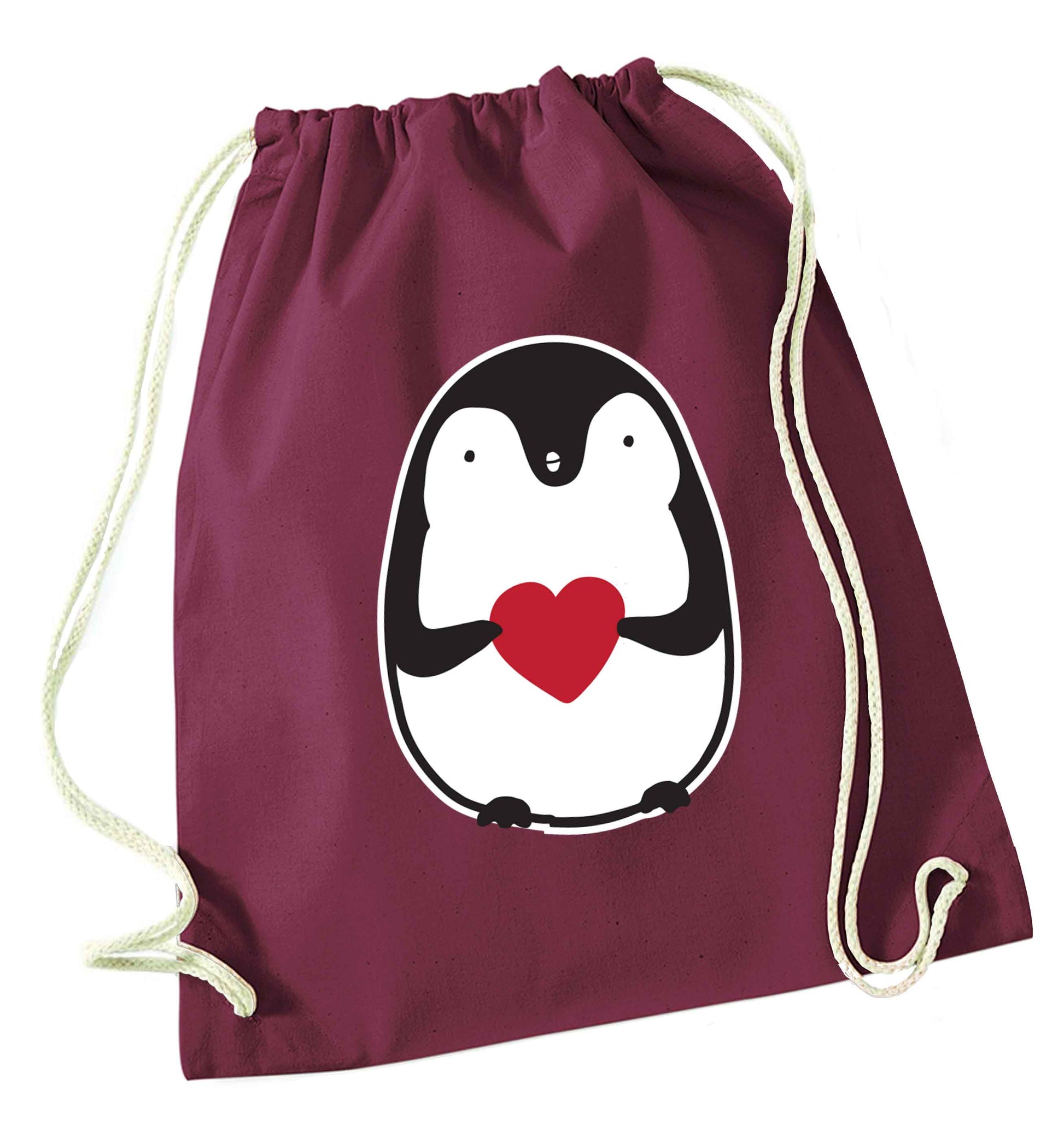 Cute penguin heart maroon drawstring bag