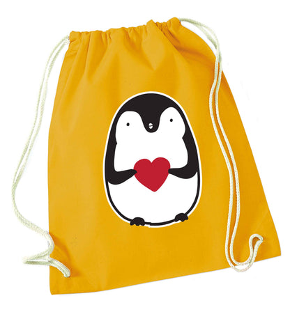 Cute penguin heart mustard drawstring bag
