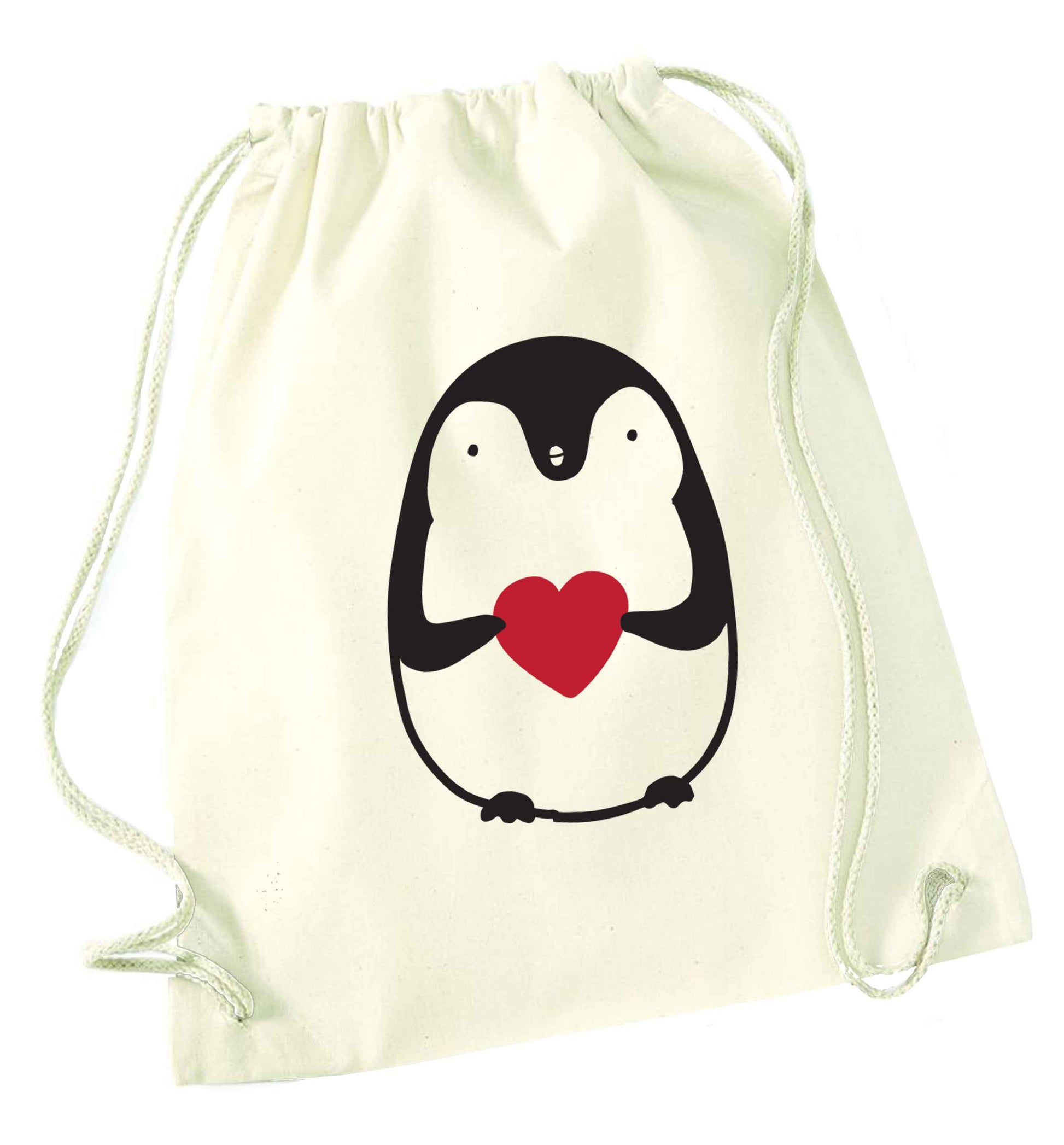 Cute penguin heart natural drawstring bag