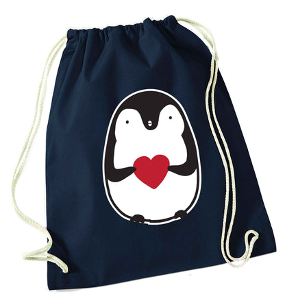 Cute penguin heart navy drawstring bag