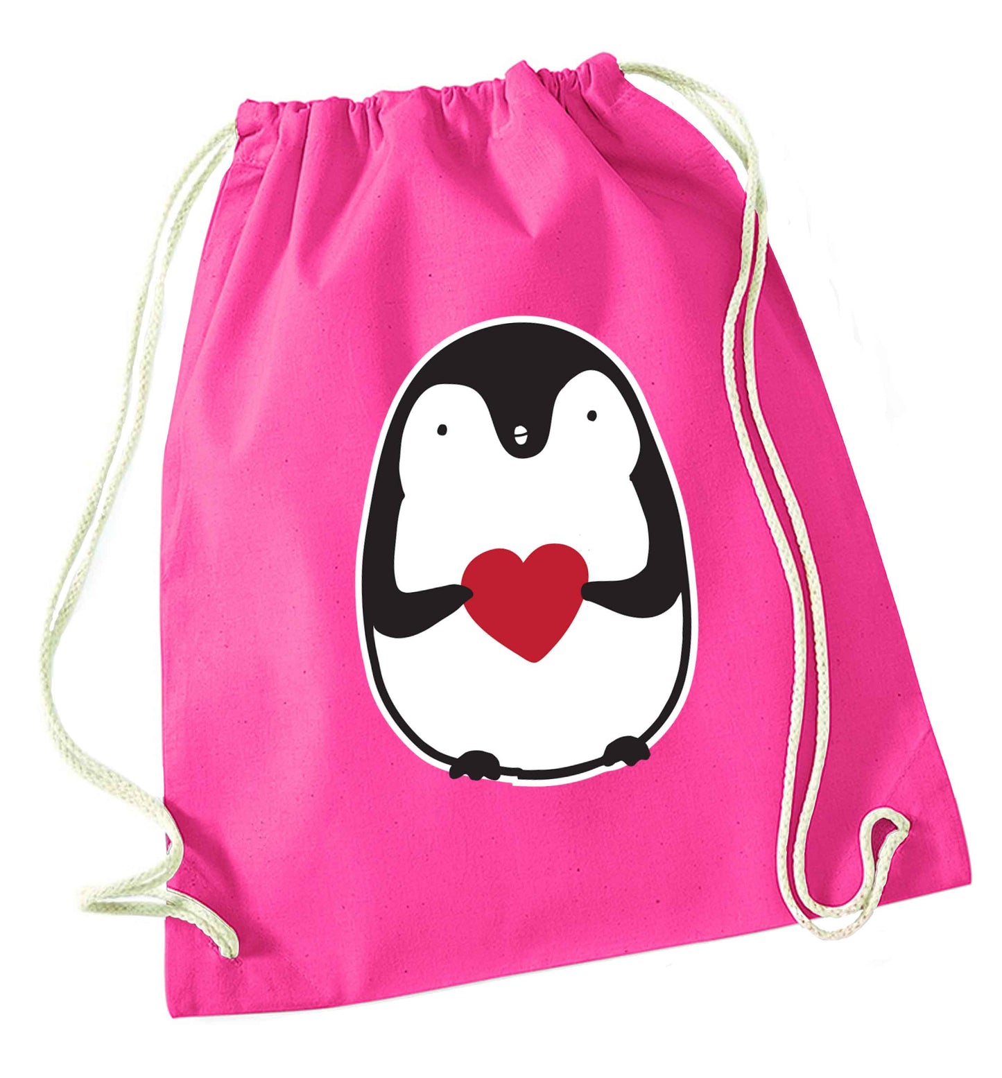 Cute penguin heart pink drawstring bag