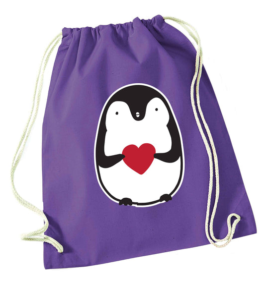 Cute penguin heart purple drawstring bag
