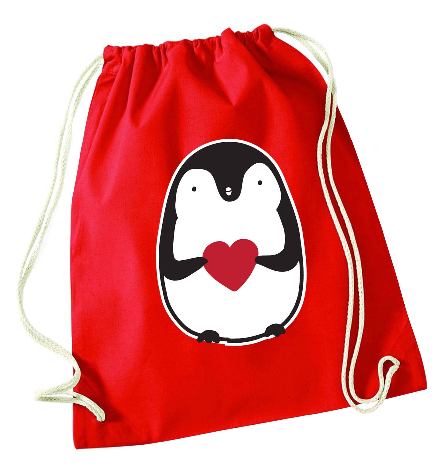 Cute penguin heart red drawstring bag 