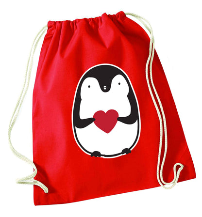 Cute penguin heart red drawstring bag 