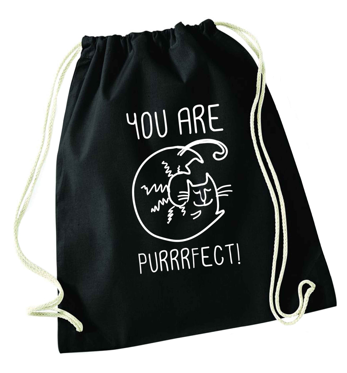 You are purrfect black drawstring bag