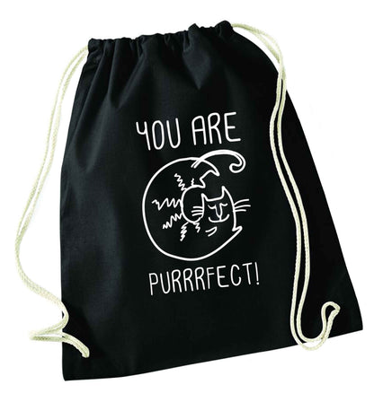 You are purrfect black drawstring bag