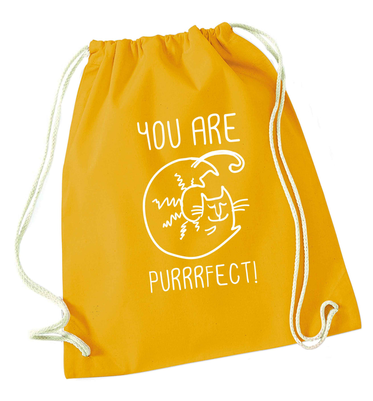You are purrfect mustard drawstring bag