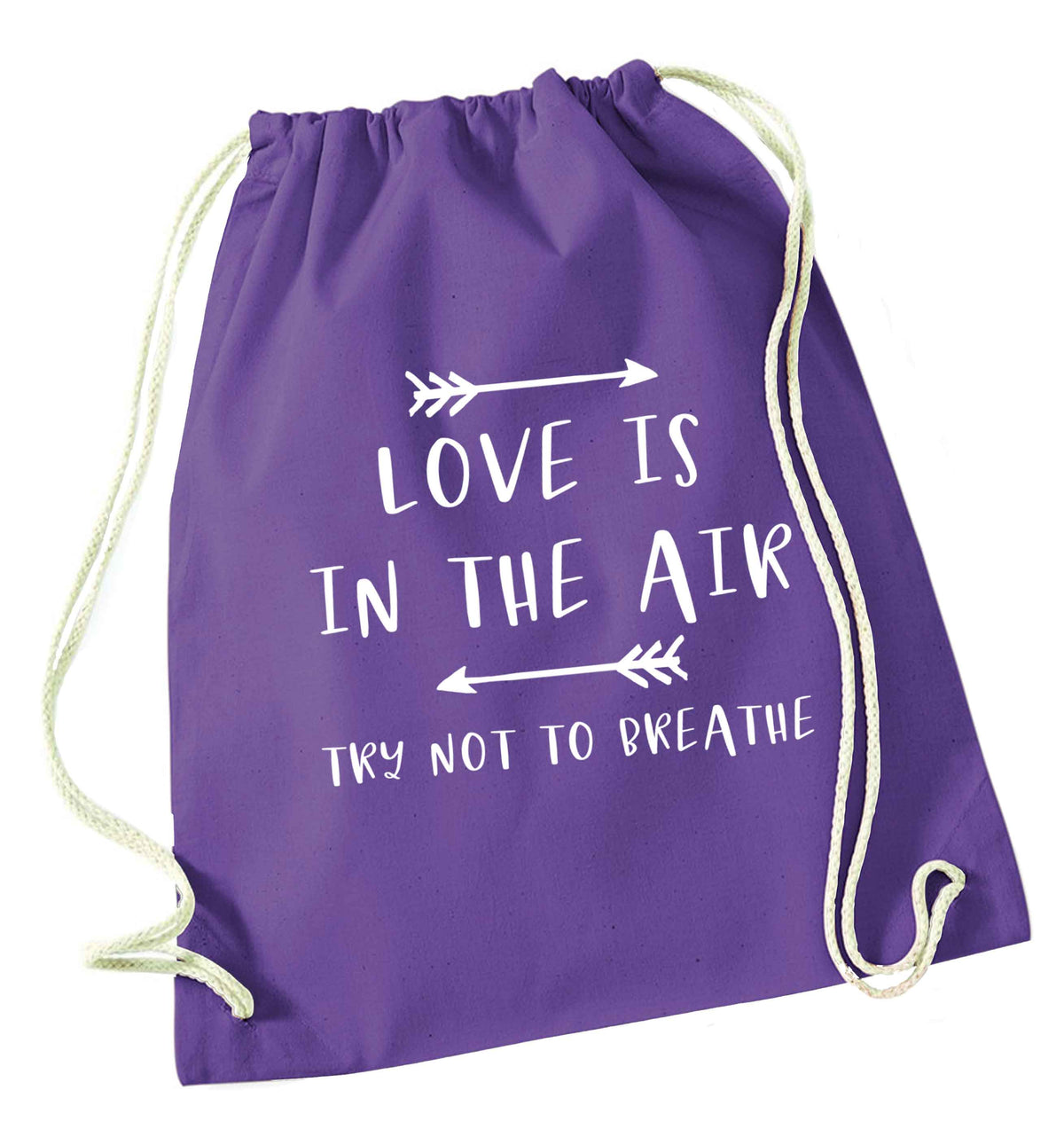 Love is in the air try not to breathe purple drawstring bag