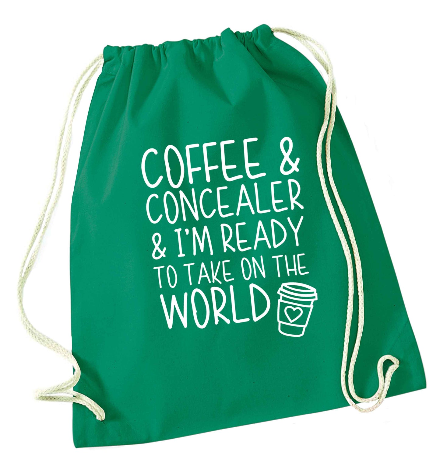 Coffee and concealer and I'm ready to take on the world green drawstring bag