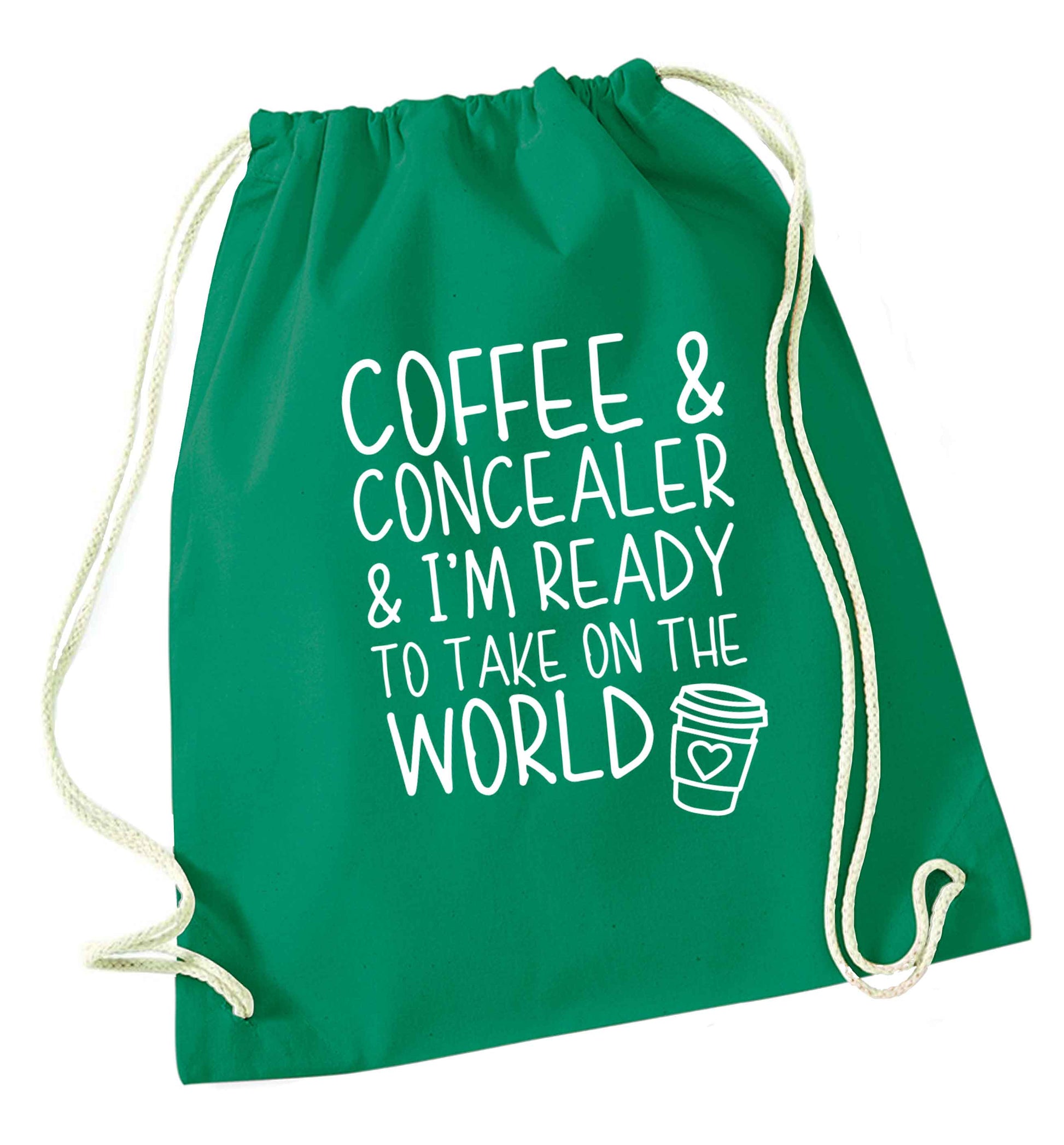 Coffee and concealer and I'm ready to take on the world green drawstring bag