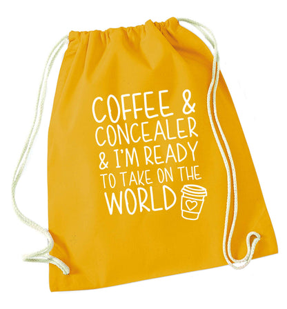 Coffee and concealer and I'm ready to take on the world mustard drawstring bag