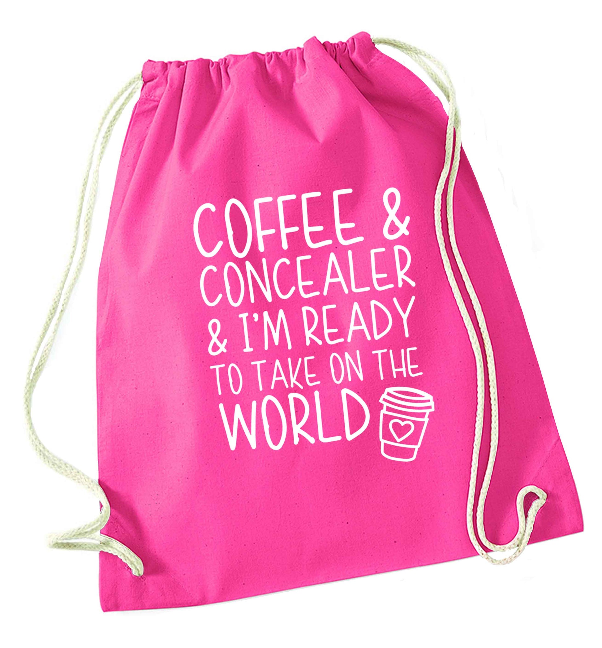 Coffee and concealer and I'm ready to take on the world pink drawstring bag