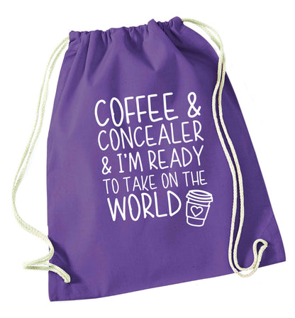 Coffee and concealer and I'm ready to take on the world purple drawstring bag