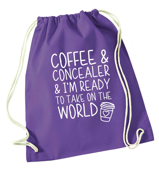 Coffee and concealer and I'm ready to take on the world purple drawstring bag