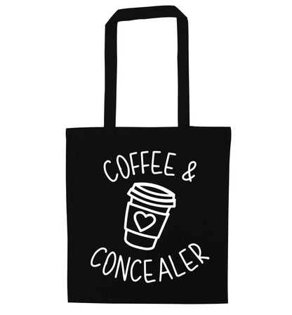 Coffee and concealer black tote bag