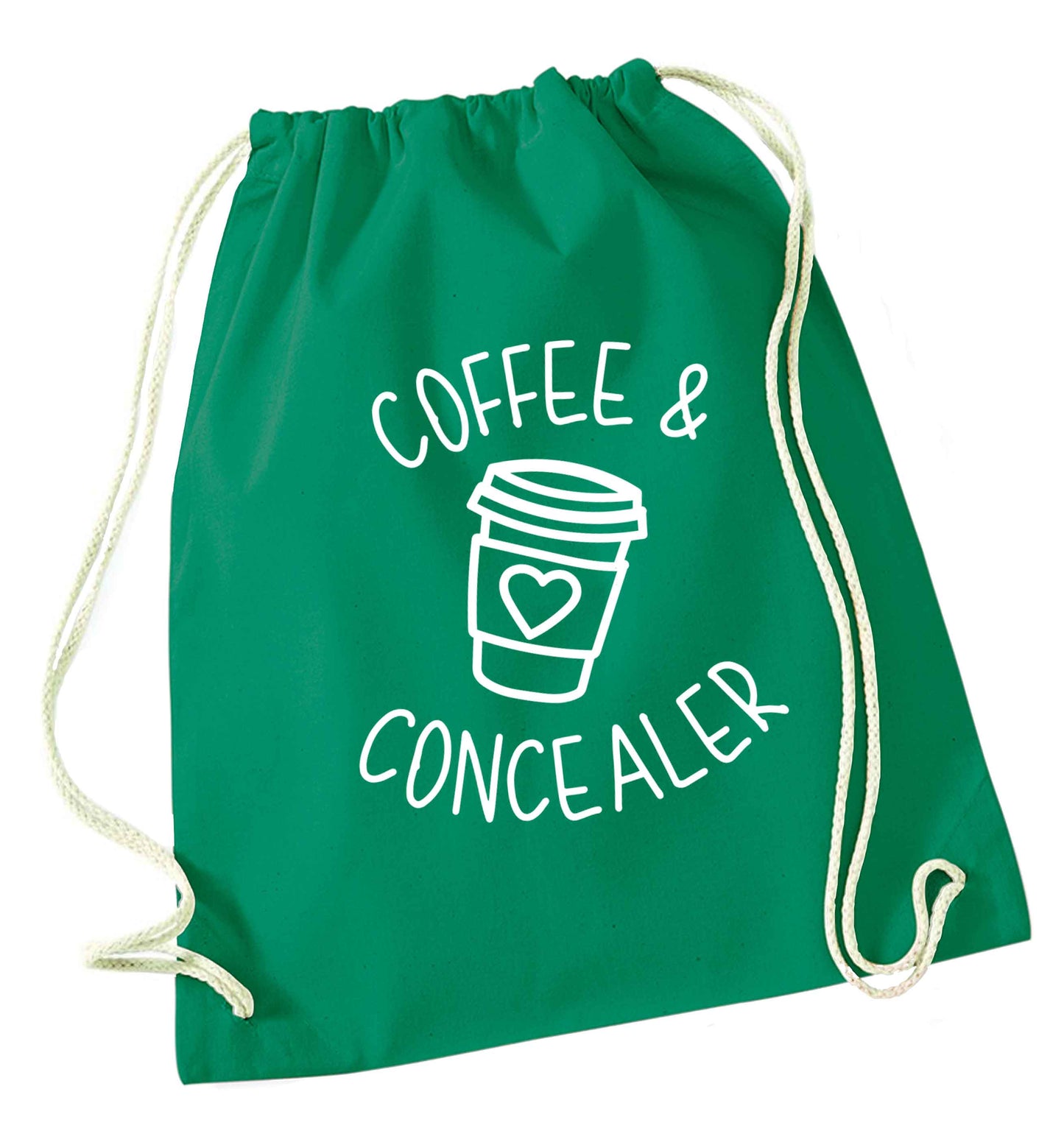 Coffee and concealer green drawstring bag