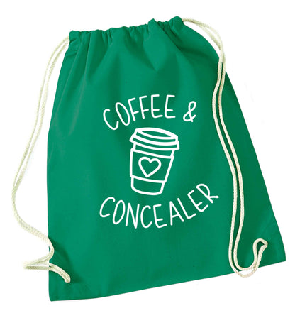 Coffee and concealer green drawstring bag