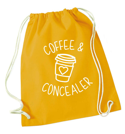 Coffee and concealer mustard drawstring bag