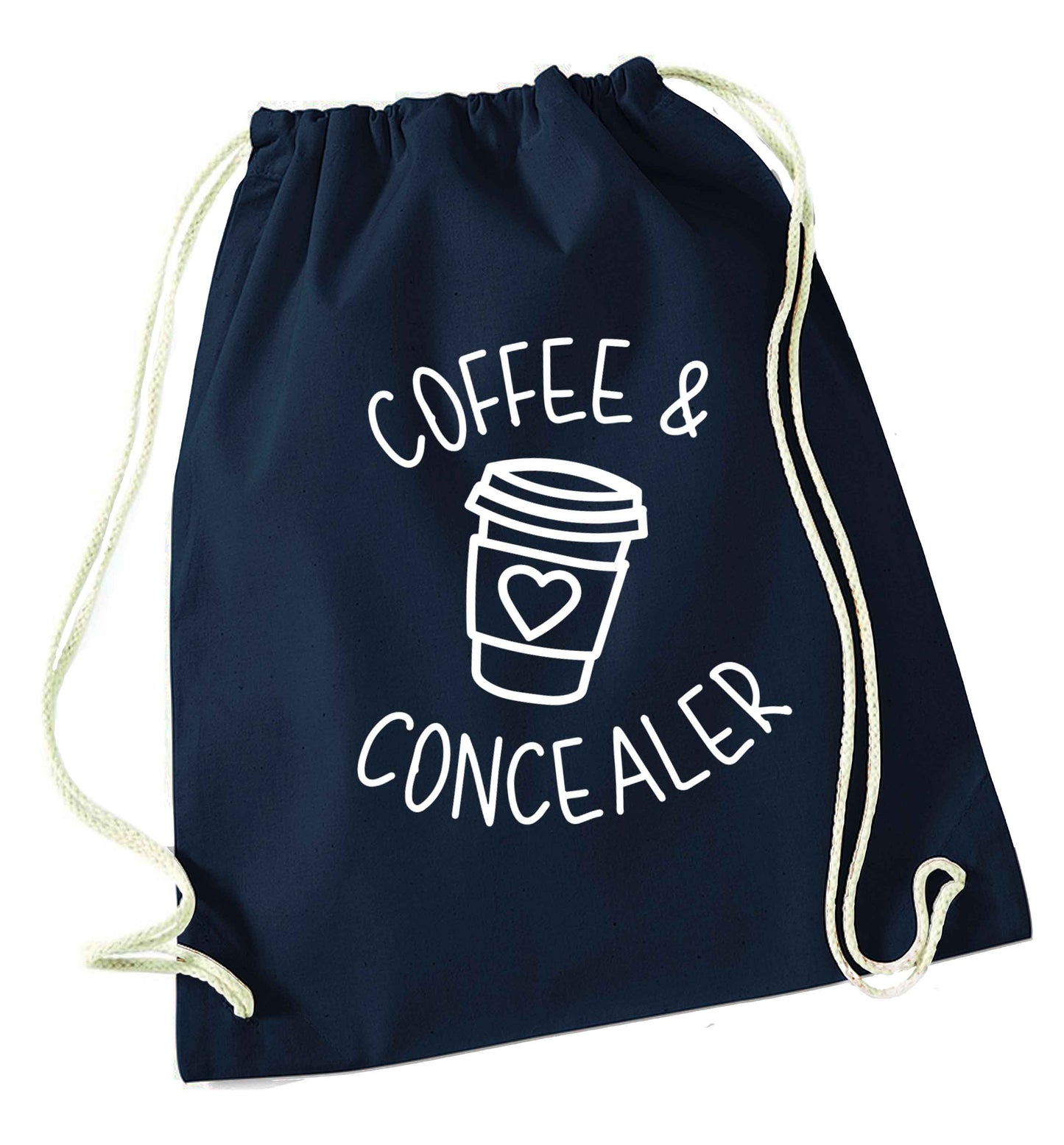 Coffee and concealer navy drawstring bag
