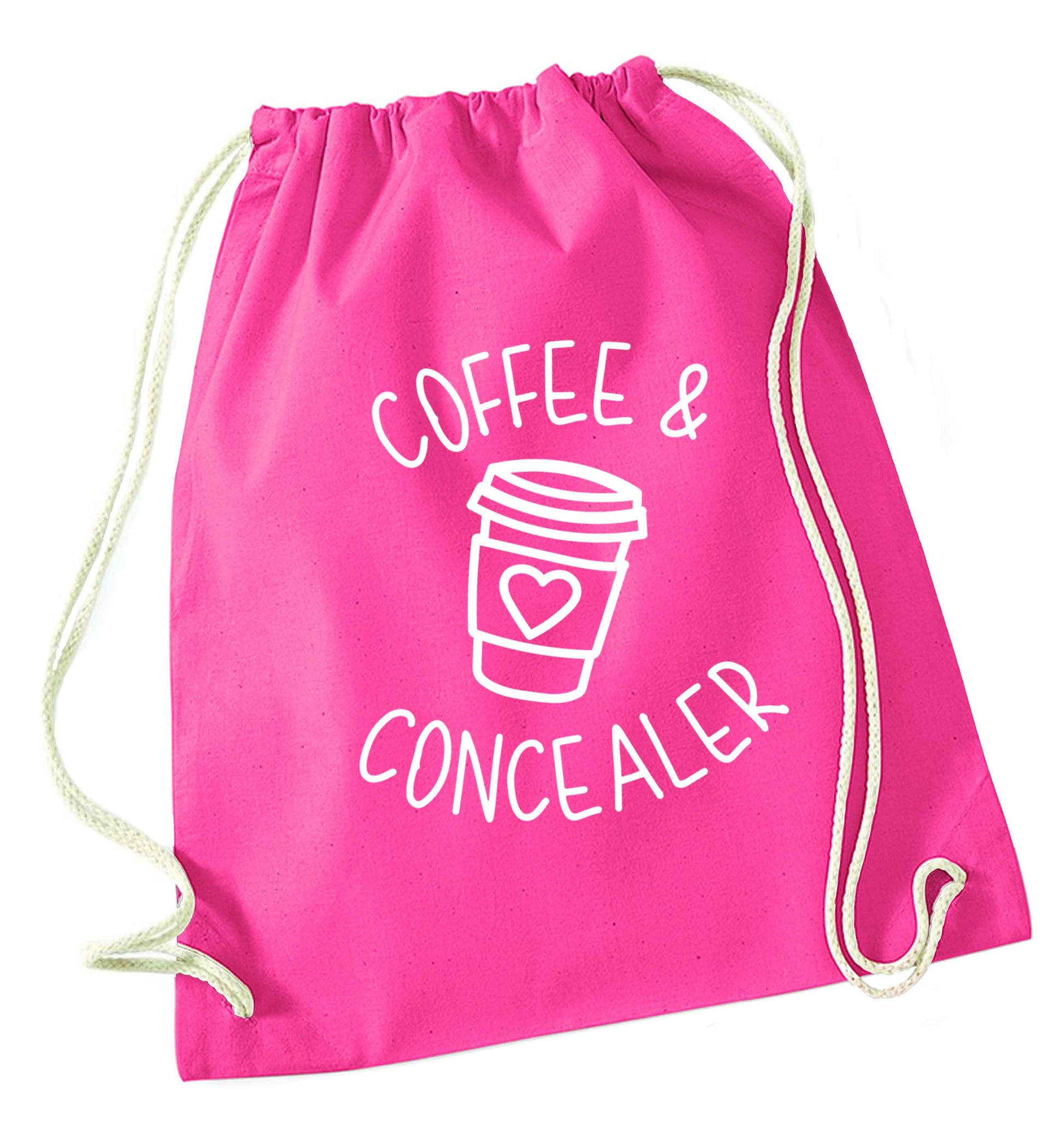 Coffee and concealer pink drawstring bag