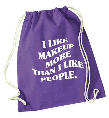 I like makeup more than people purple drawstring bag