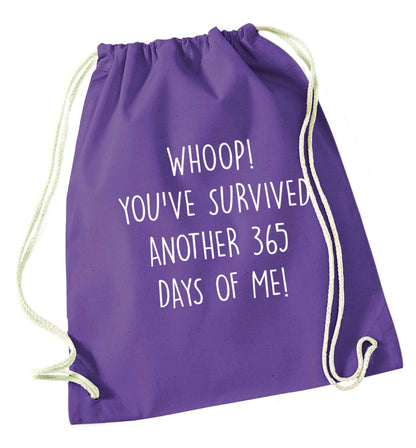 Whoop! You've survived another 365 days with me! purple drawstring bag
