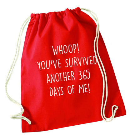 Whoop! You've survived another 365 days with me! red drawstring bag