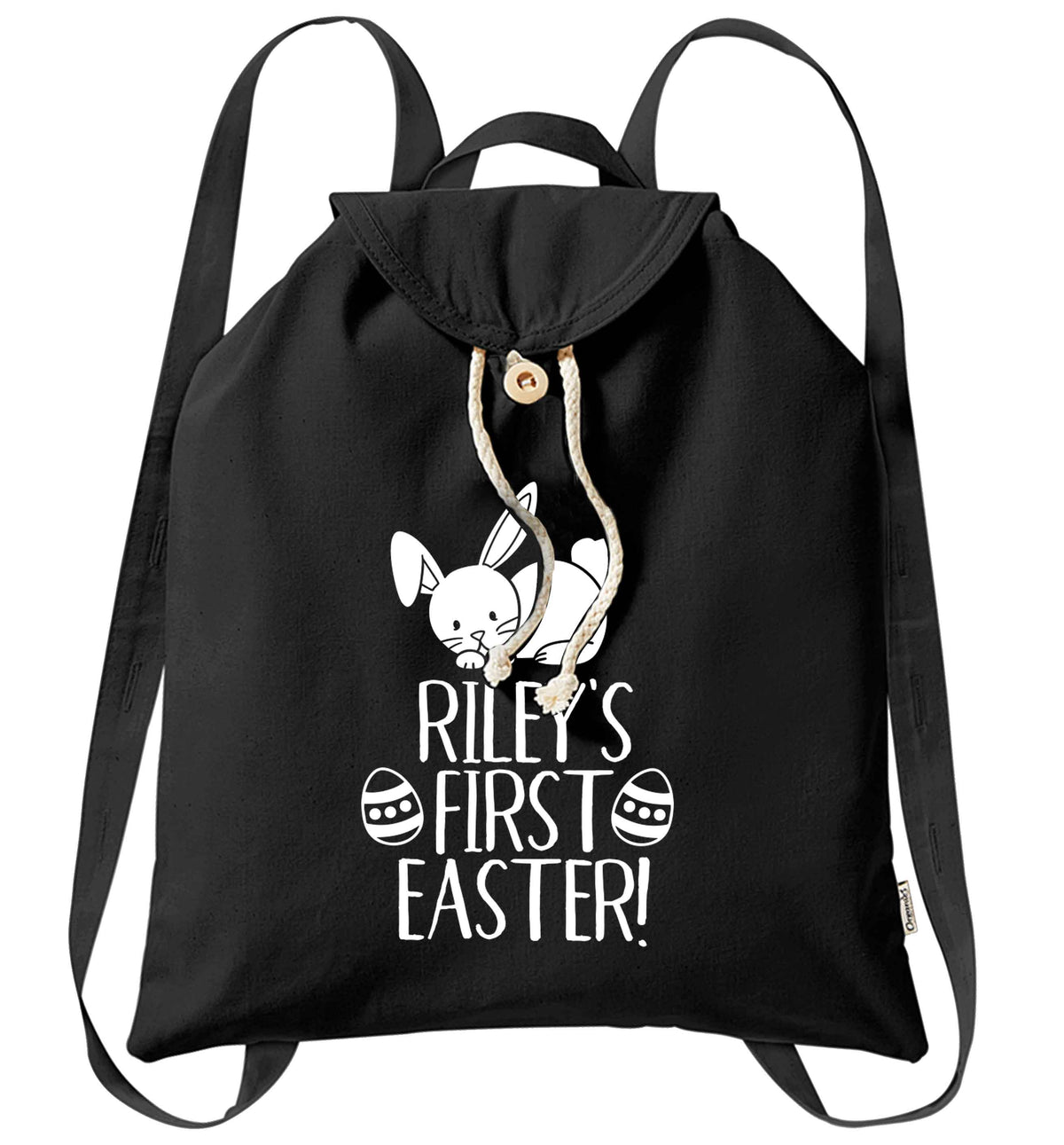 Personalised first Easter organic cotton backpack tote with wooden buttons in black