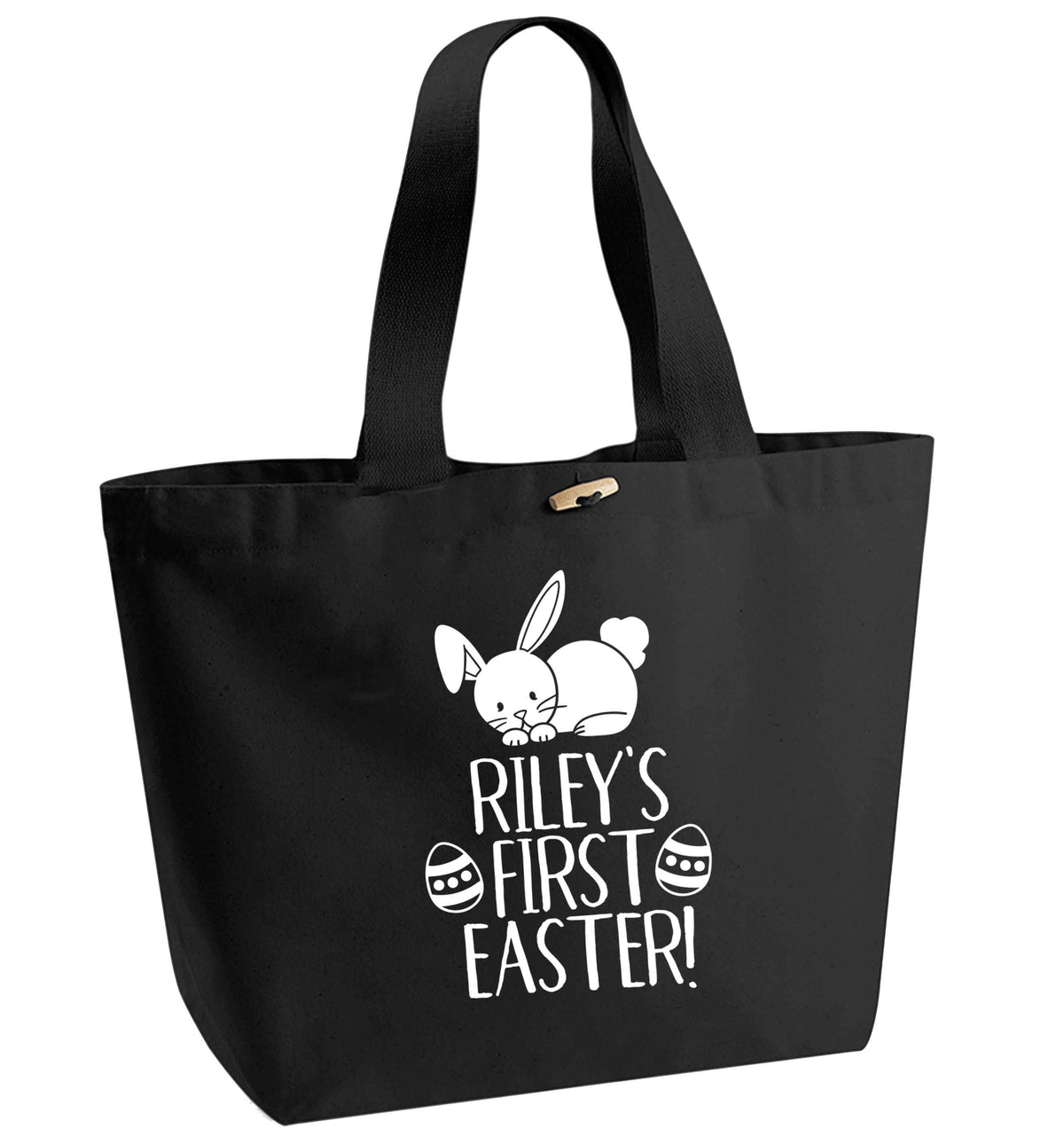 Personalised first Easter organic cotton premium tote bag with wooden toggle in black