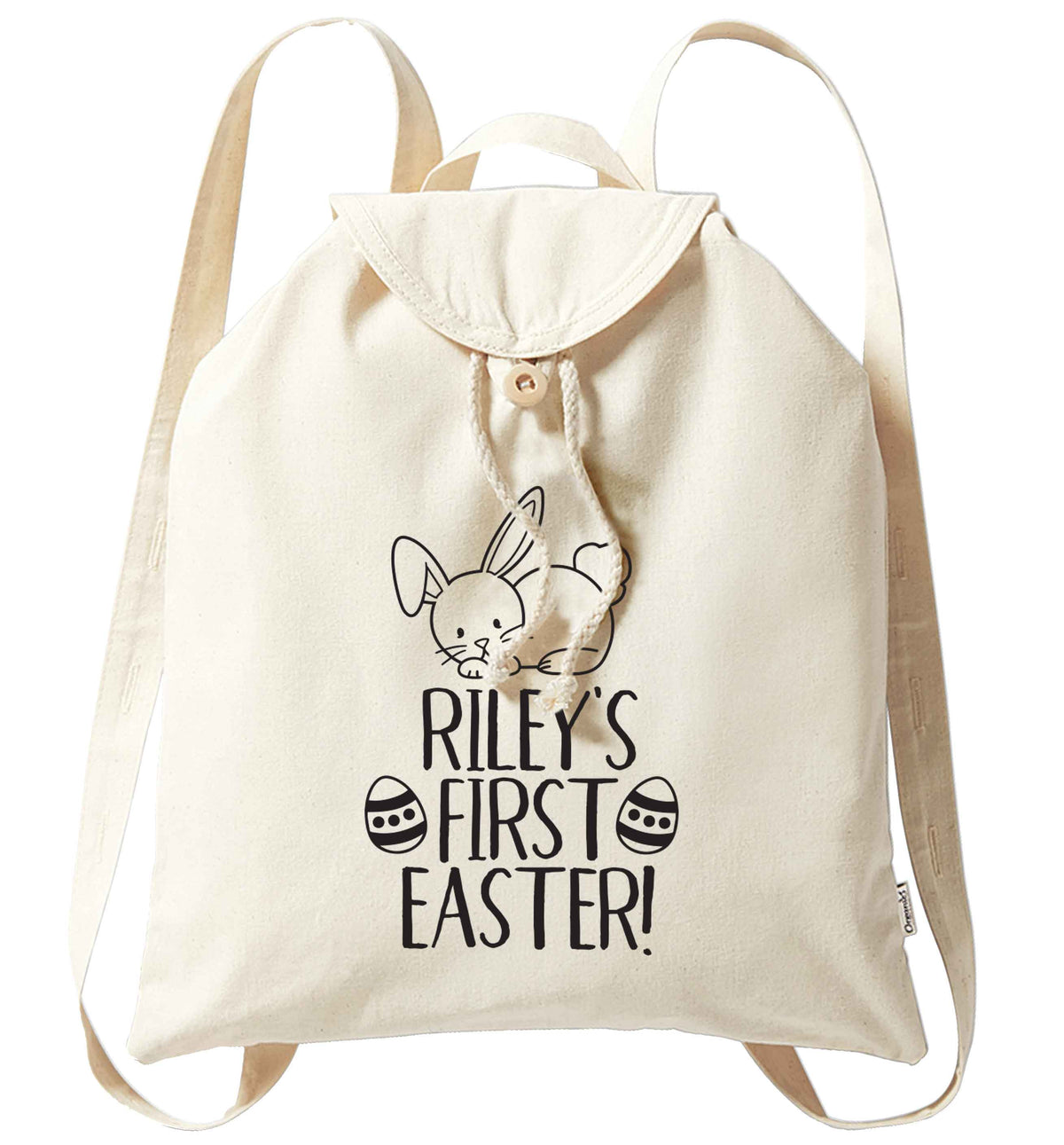 Personalised first Easter organic cotton backpack tote with wooden buttons in natural