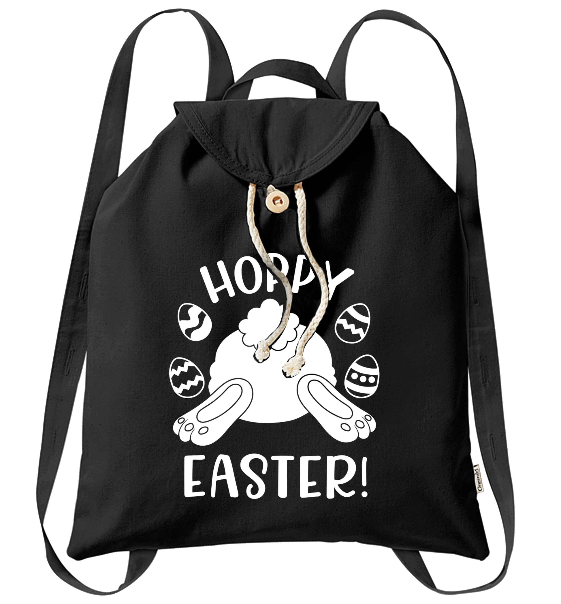 Hoppy Easter organic cotton backpack tote with wooden buttons in black