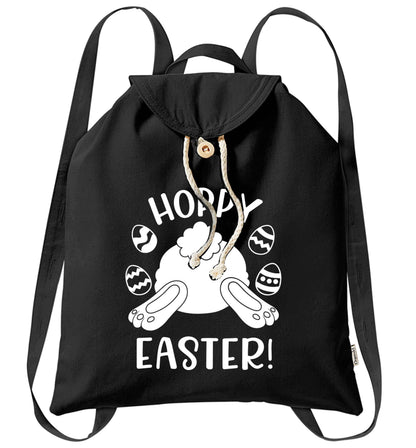 Hoppy Easter organic cotton backpack tote with wooden buttons in black