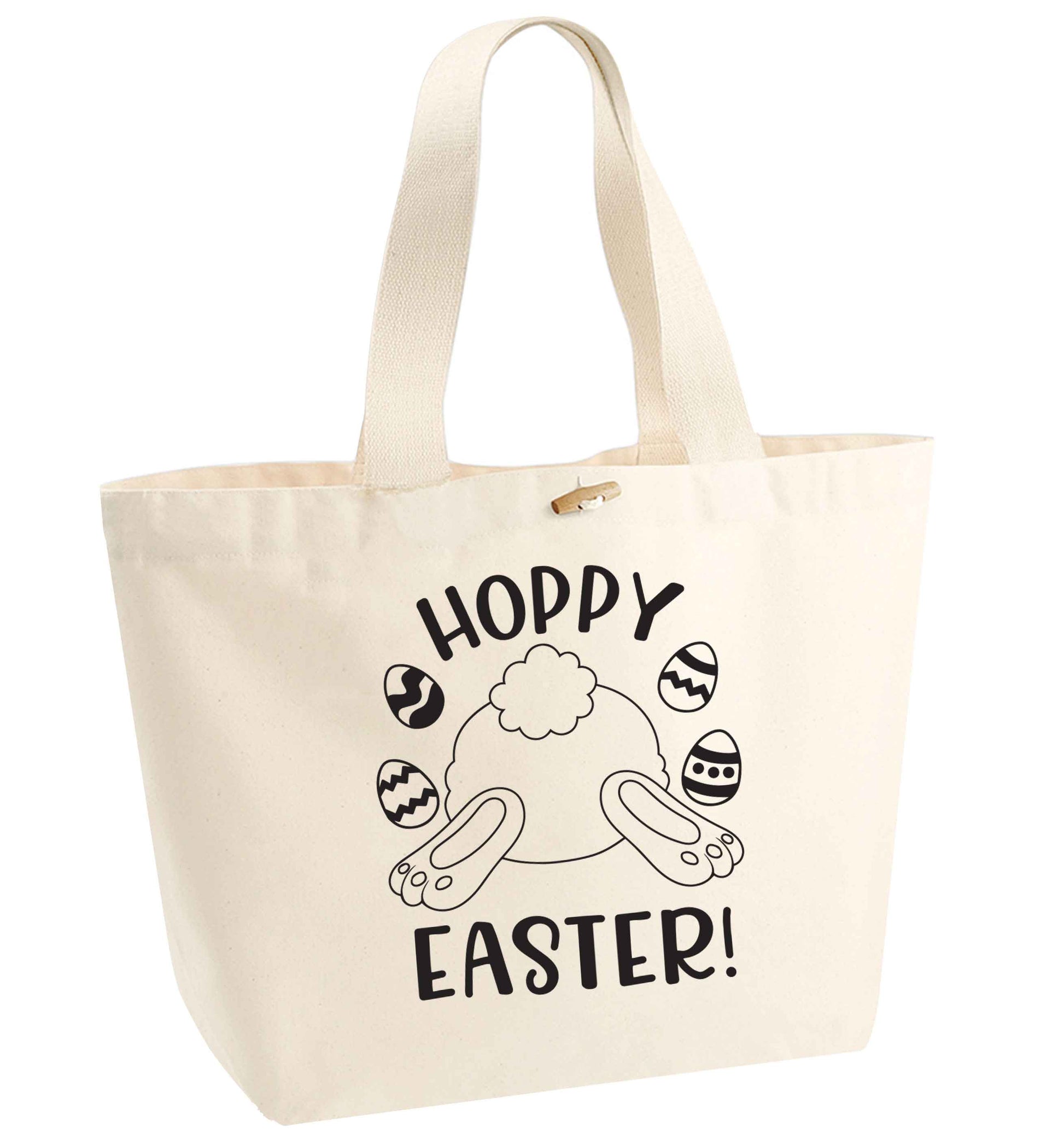 Hoppy Easter organic cotton premium tote bag with wooden toggle in natural