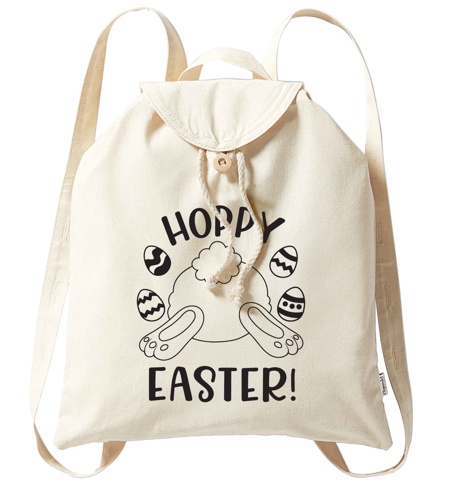 Hoppy Easter organic cotton backpack tote with wooden buttons in natural