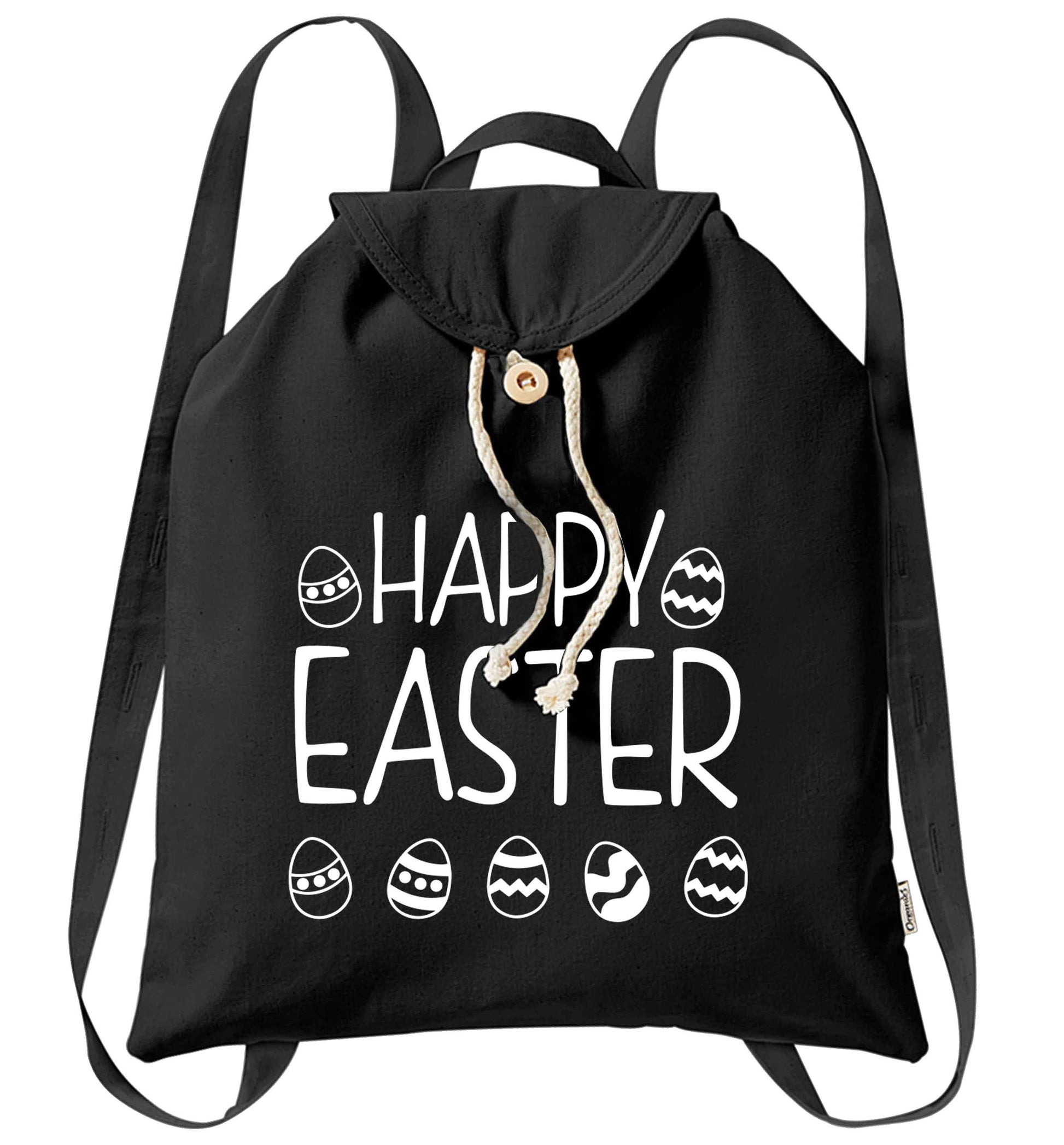 Happy Easter organic cotton backpack tote with wooden buttons in black