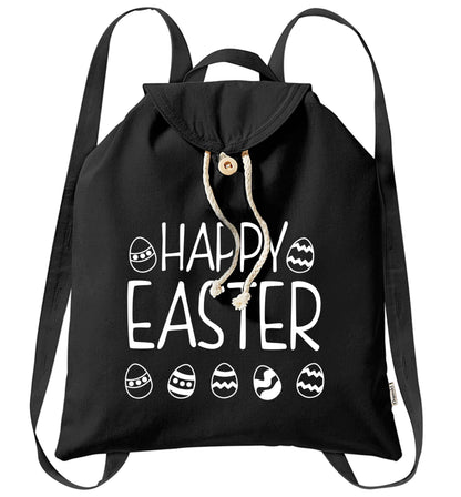 Happy Easter organic cotton backpack tote with wooden buttons in black
