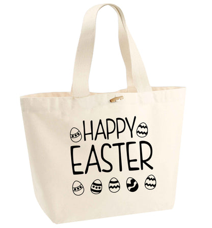 Happy Easter organic cotton premium tote bag with wooden toggle in natural