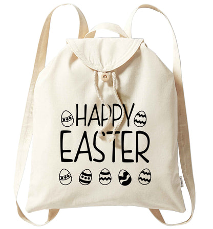 Happy Easter organic cotton backpack tote with wooden buttons in natural