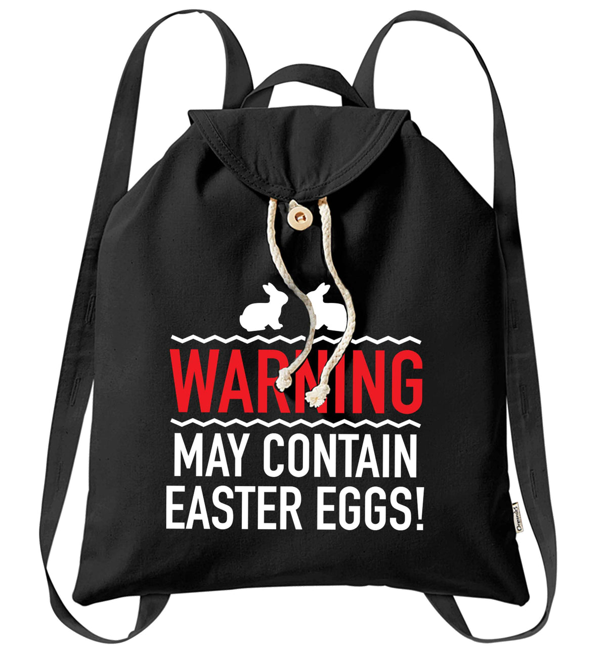 Warning may contain Easter eggs organic cotton backpack tote with wooden buttons in black