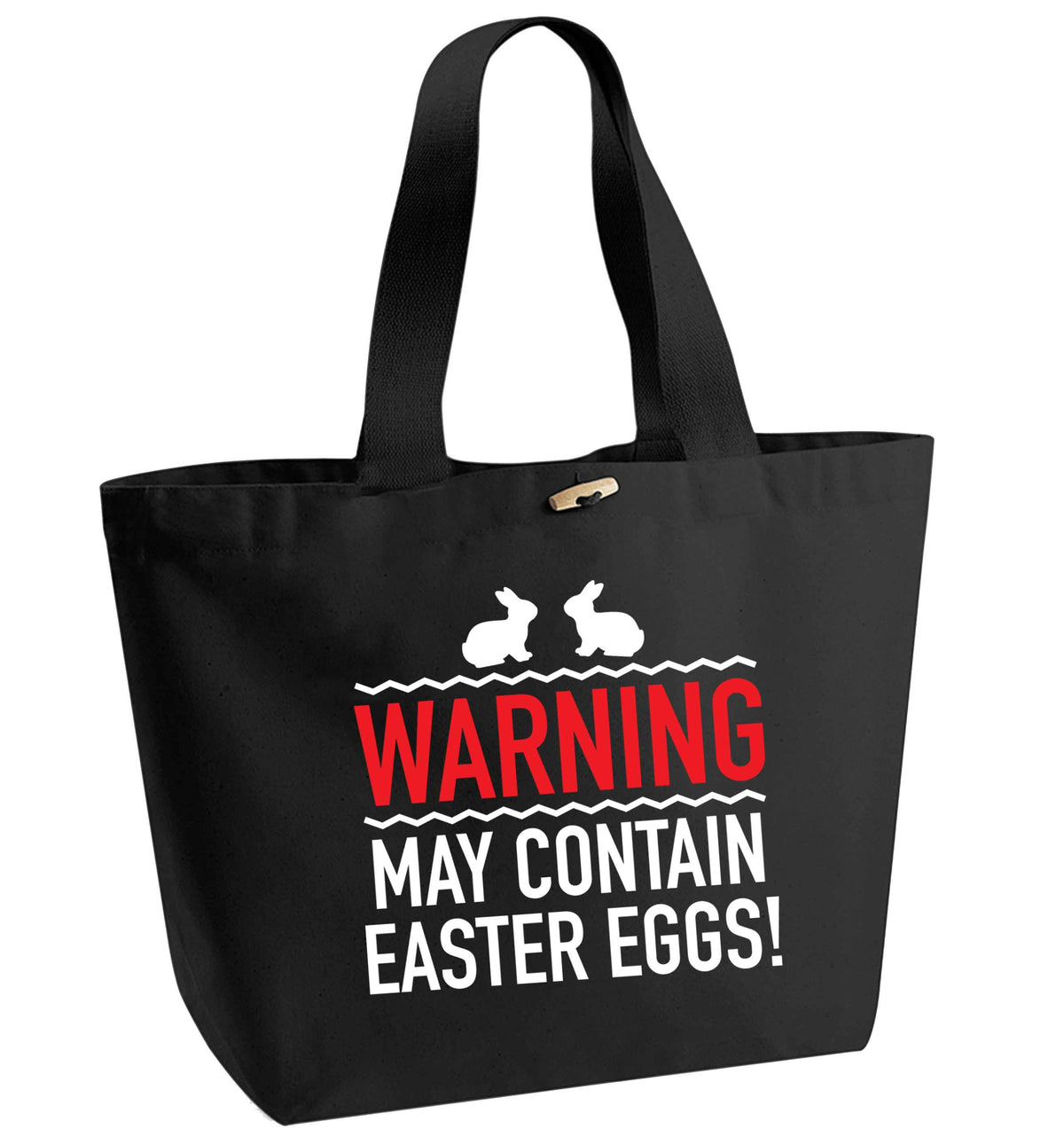 Warning may contain Easter eggs organic cotton premium tote bag with wooden toggle in black