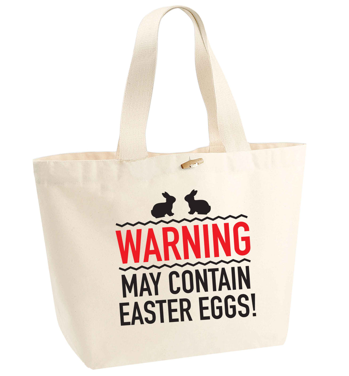 Warning may contain Easter eggs organic cotton premium tote bag with wooden toggle in natural