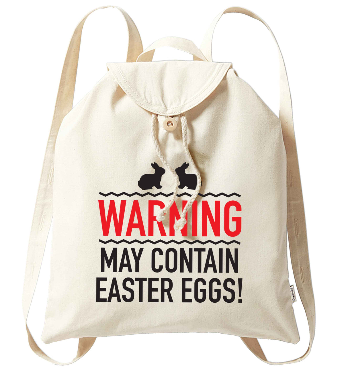 Warning may contain Easter eggs organic cotton backpack tote with wooden buttons in natural