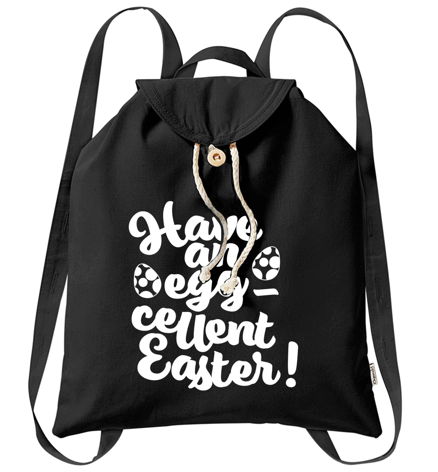 Have an eggcellent Easter organic cotton backpack tote with wooden buttons in black