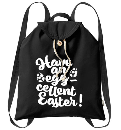 Have an eggcellent Easter organic cotton backpack tote with wooden buttons in black