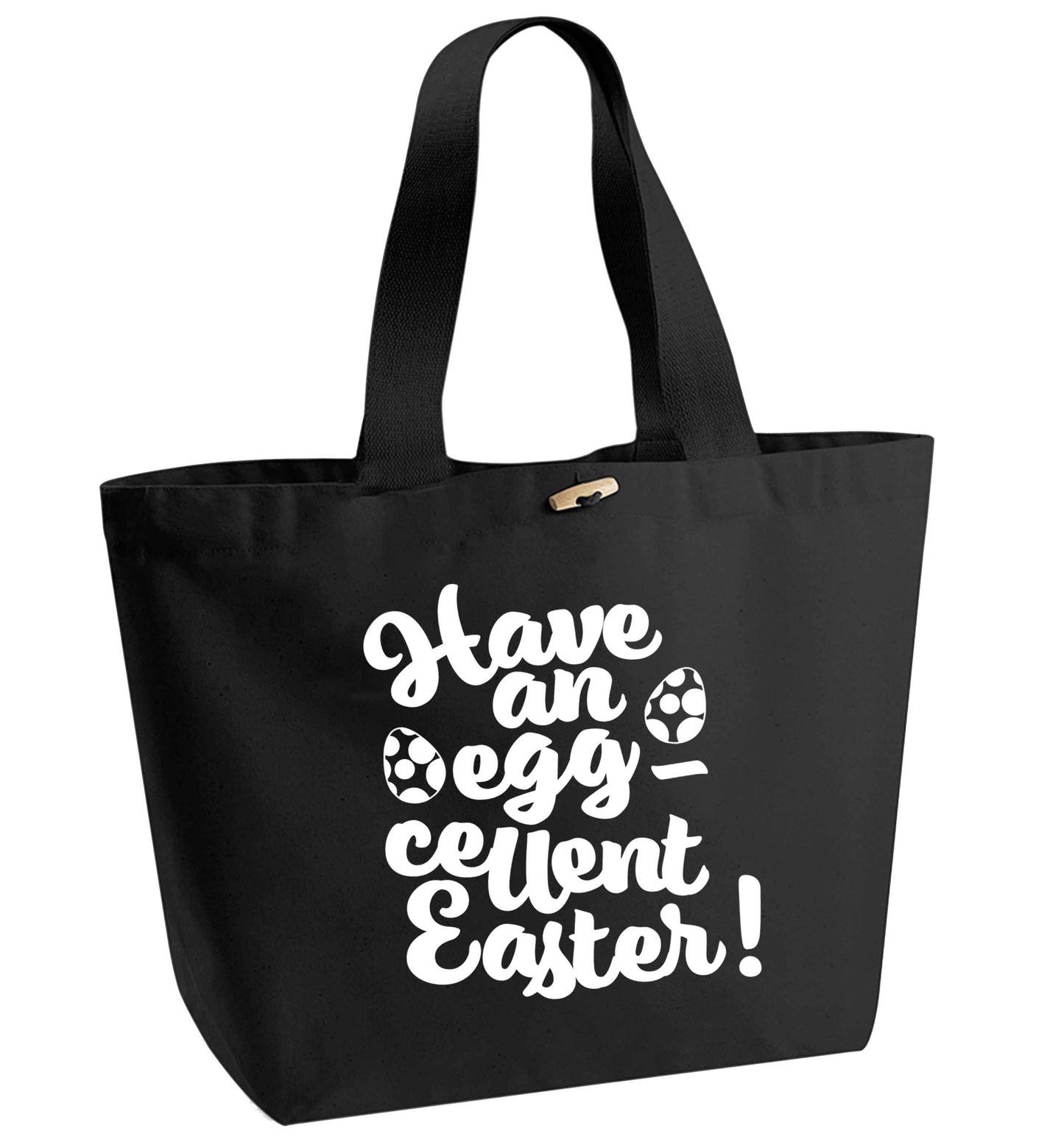 Have an eggcellent Easter organic cotton premium tote bag with wooden toggle in black