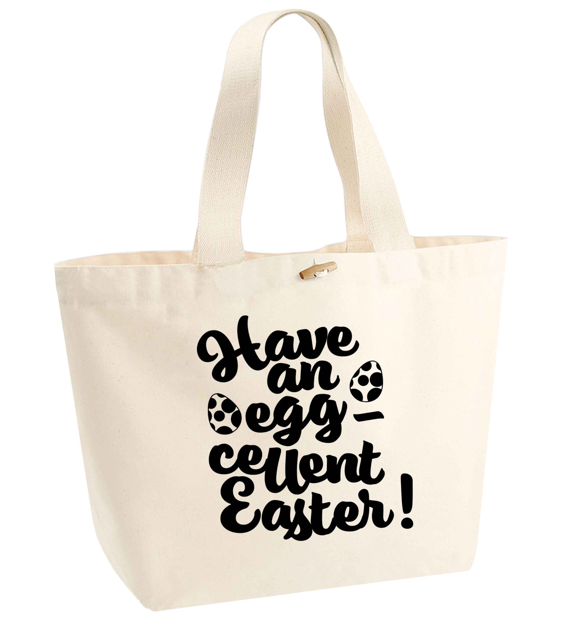 Have an eggcellent Easter organic cotton premium tote bag with wooden toggle in natural