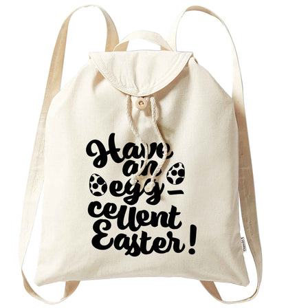 Have an eggcellent Easter organic cotton backpack tote with wooden buttons in natural