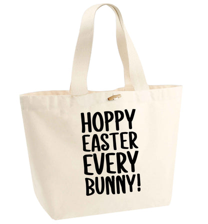 Hoppy Easter every bunny! organic cotton premium tote bag with wooden toggle in natural
